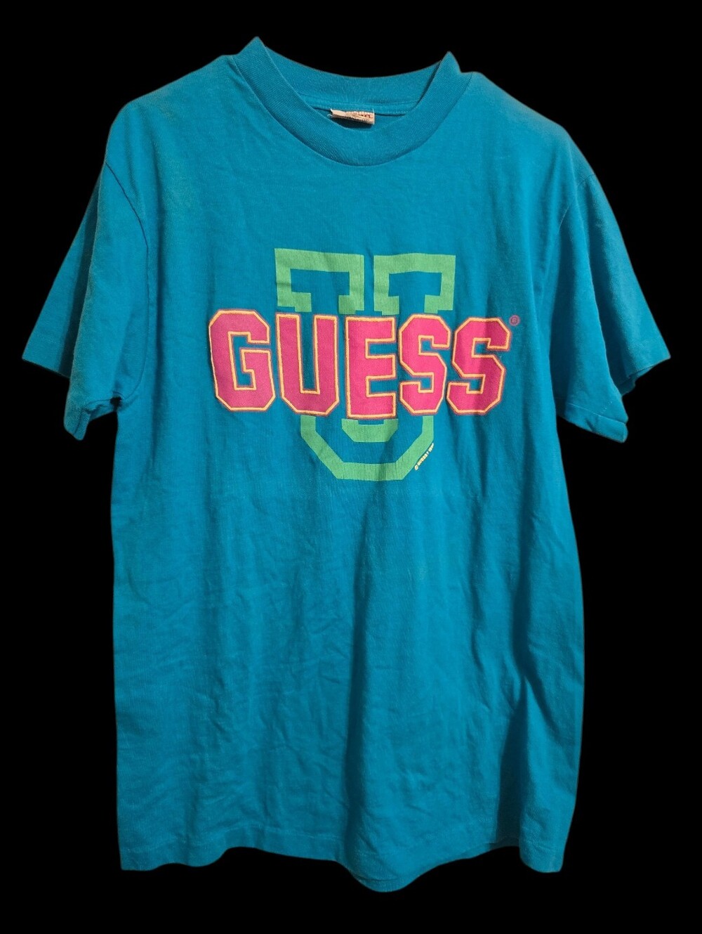 Vintage | GUESS Teal Short-Sleeve Logo Tee with Pink & Green Graphics